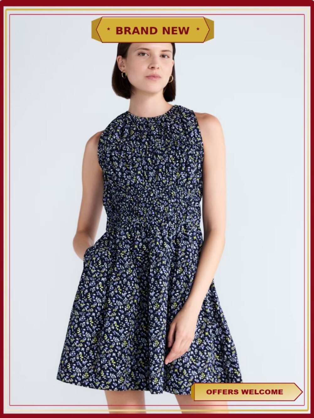 Smocked Sleeveless Cotton Mini Dress Keyhole Back Side Pockets